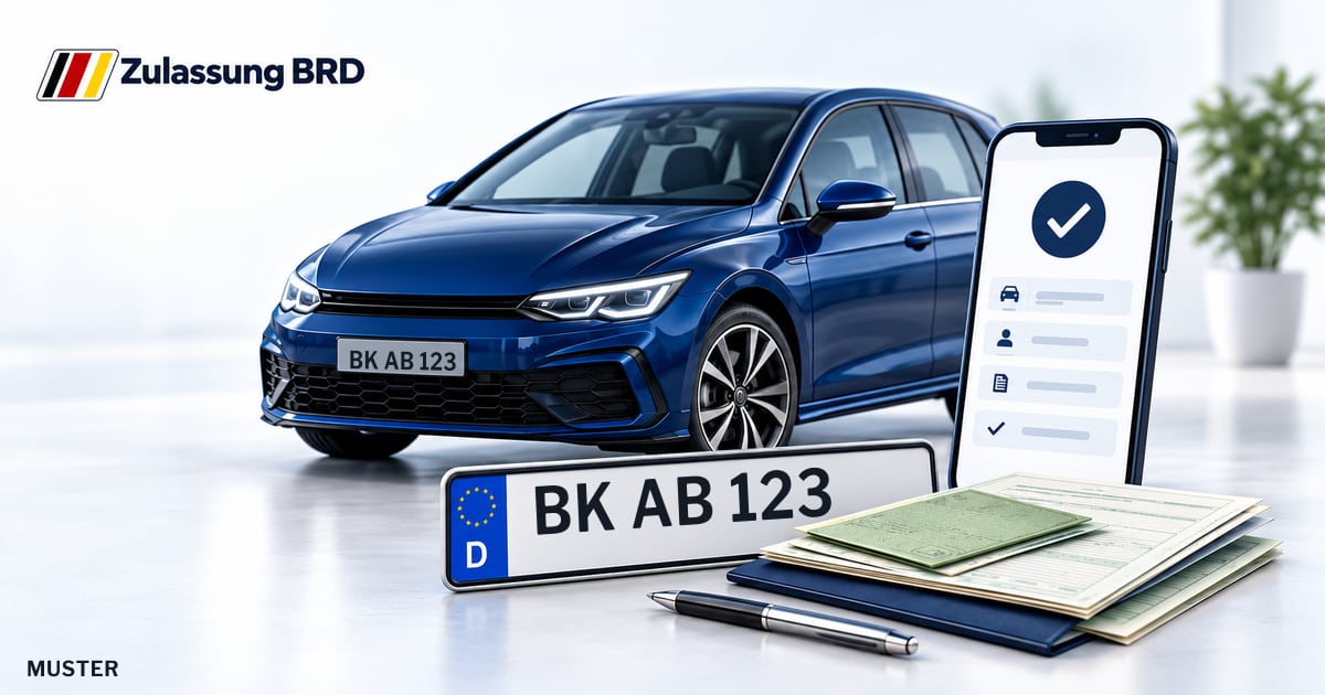 Online Fahrzeugzulassung in Leutenbach: Musterkennzeichen BK AB 123, Auto und Fahrzeugpapiere und Smartphone. Illustration mit Logo von Zulassung BRD.